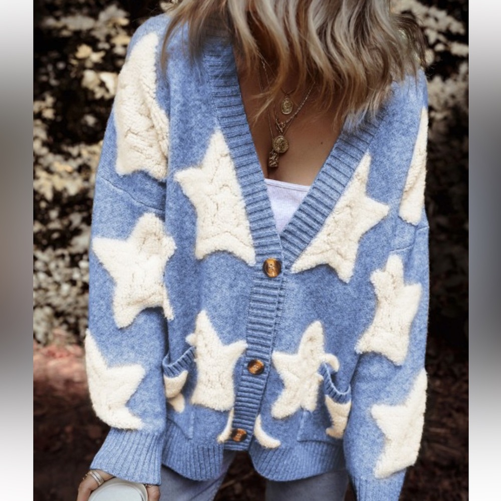 B058–(🚨 3 COLORS) Star Patterned Thick and Cozy Cardigan Sweater - Picture 3 of 7